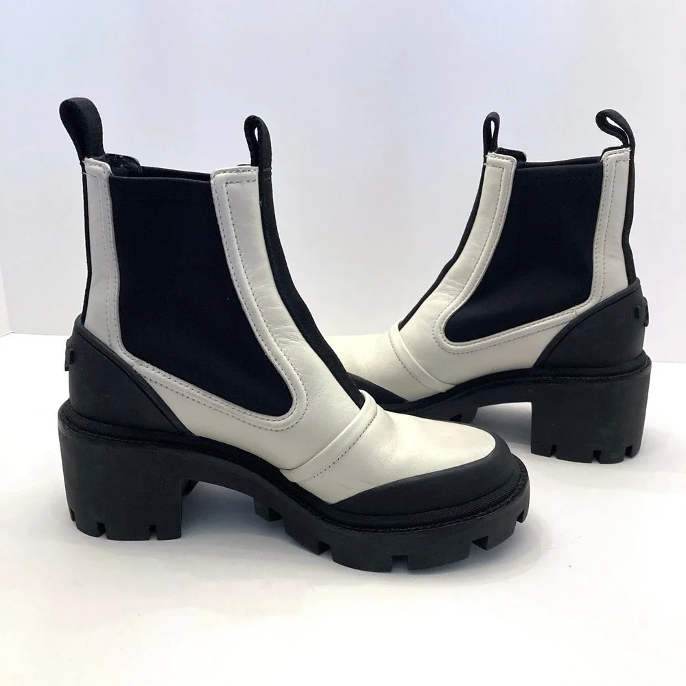 Tory Burch Lug Sole Chelsea Boots White Black Leather Womens‎ 5 $428